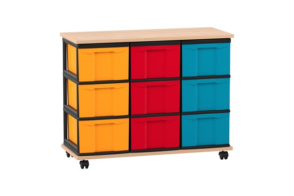 Flexeo® Fahrbares Containersystem mit Ablage, 9 große Boxen